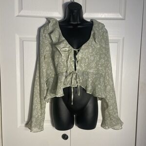 Vintage Y2K No Boundaries Shirt Women XL Pale Green Floral Babydoll Top Ruffle